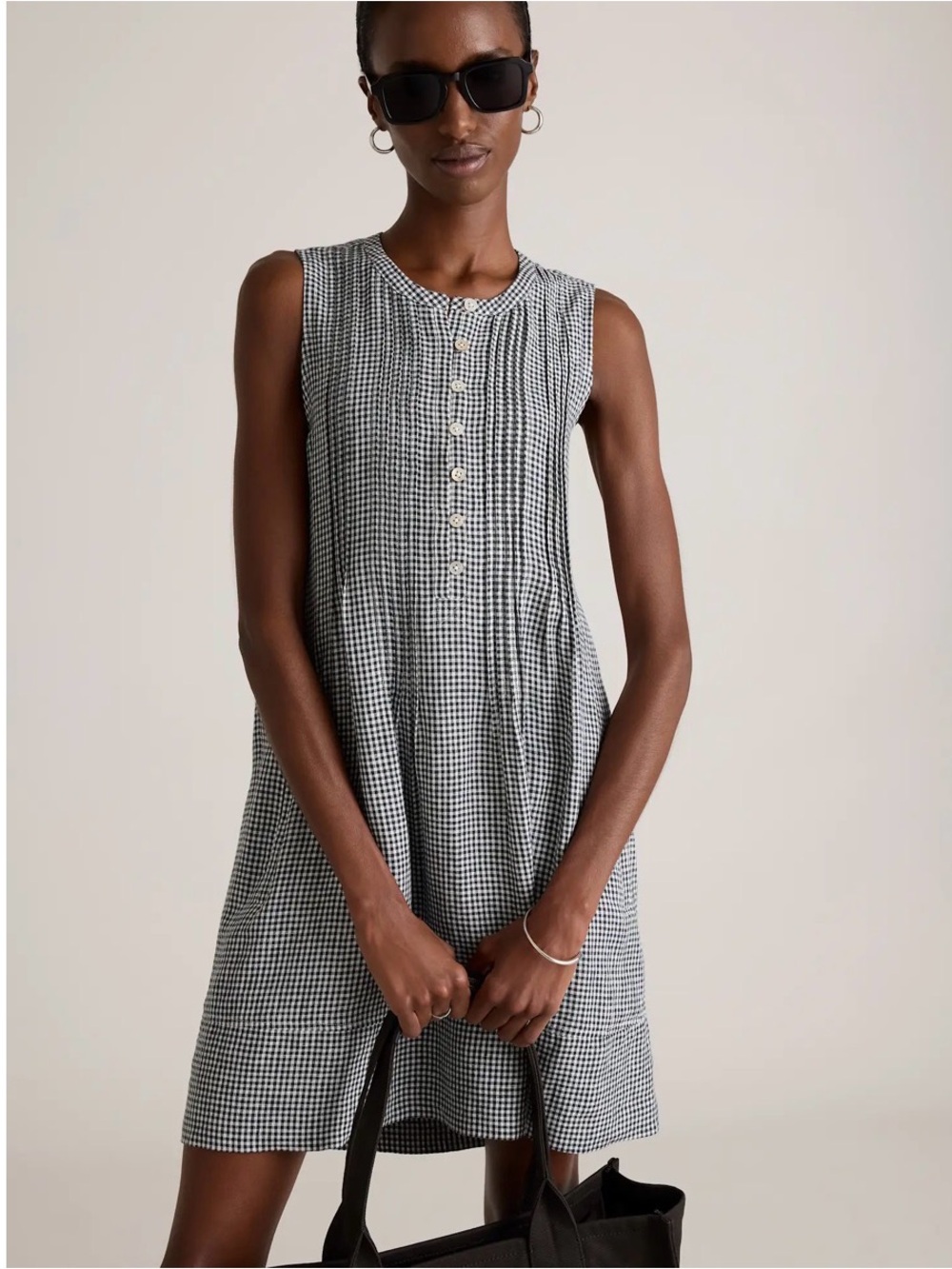 Quince 100% European Linen Sleeveless Swing Dress Gingham Plaid Babydoll Mini M